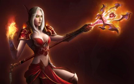 A striking fantasy scene featuring a woman warrior wielding a fiery staff. This detailed HD desktop wallpaper showcases her fierce determination and magical prowess.