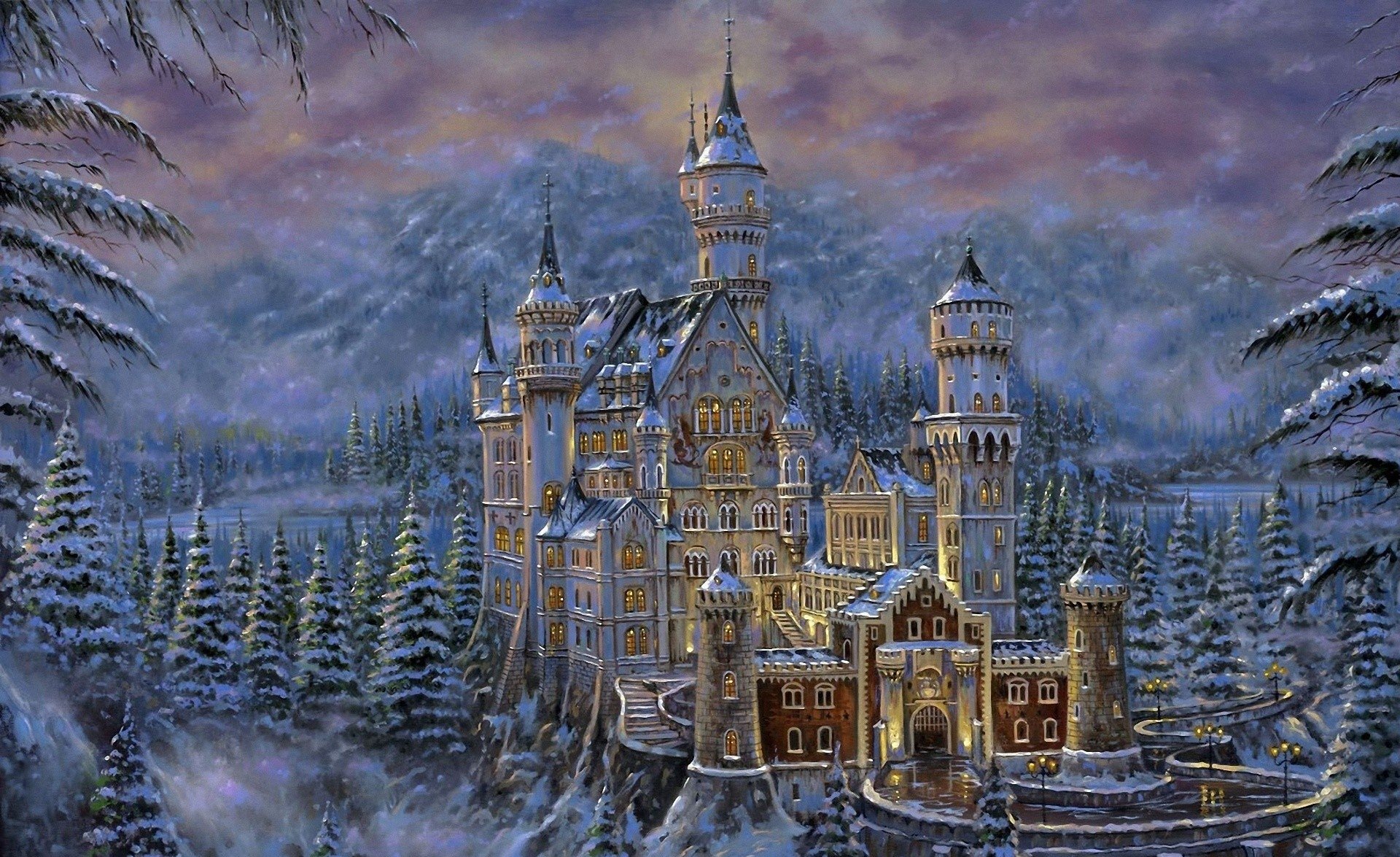 Download Tree Snow Winter Neuschwanstein Castle Painting Fantasy Castle  HD Wallpaper by Robert Finale