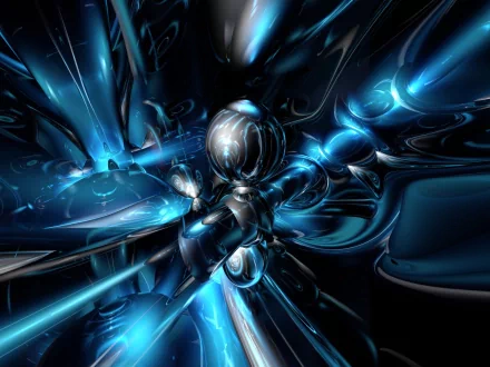 An abstract, HD desktop wallpaper featuring a dynamic blend of blue and black tones with swirling patterns and reflective surfaces.