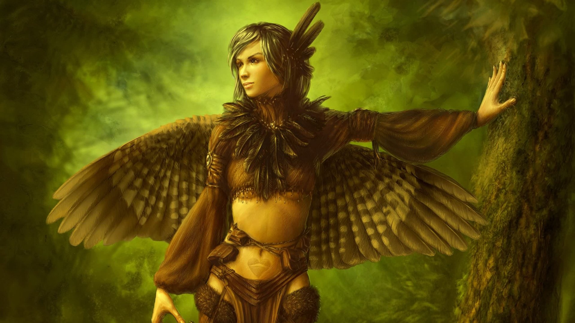 HD fantasy PC desktop wallpaper depicting a woman with large feathered wings in a lush green forest setting.
