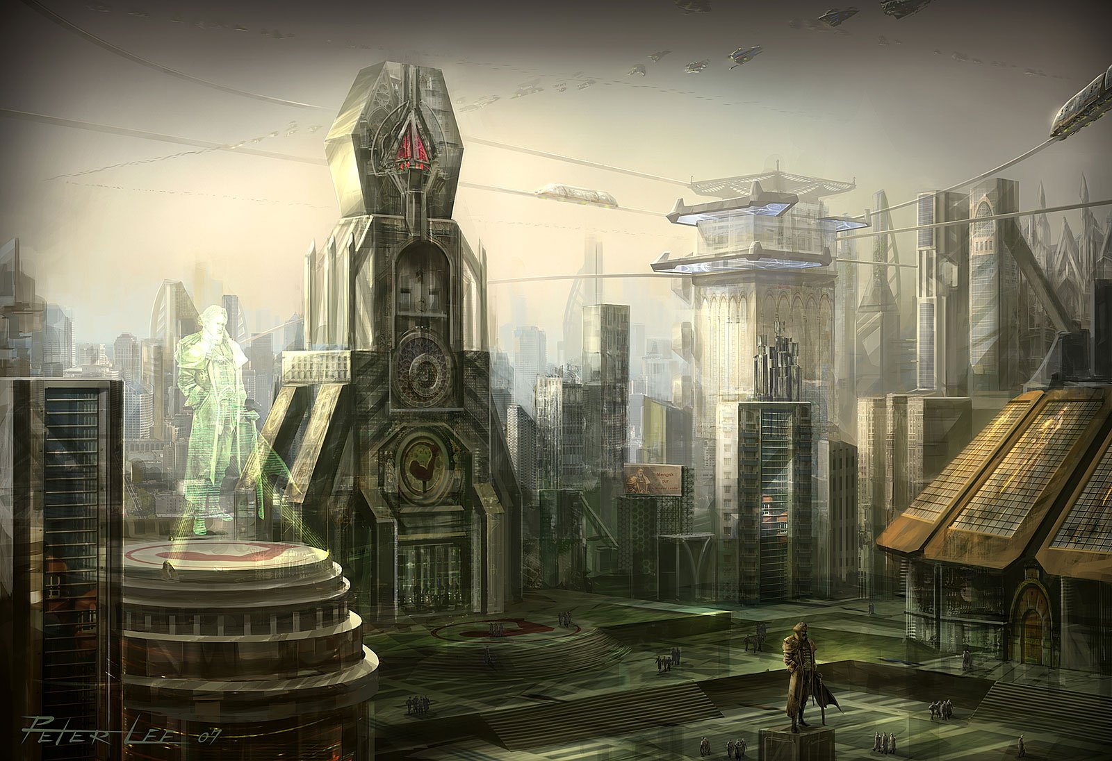 A stunning HD desktop wallpaper featuring a futuristic cityscape inspired by the video game Starcraft, showcasing towering structures and a mysterious atmosphere.