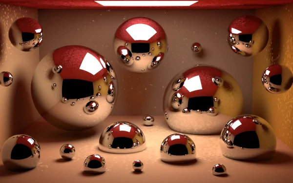 Abstract HD PC desktop wallpaper featuring reflective metallic balls of varying sizes in a warm-toned, enclosed space, creating a modern and futuristic ambiance.