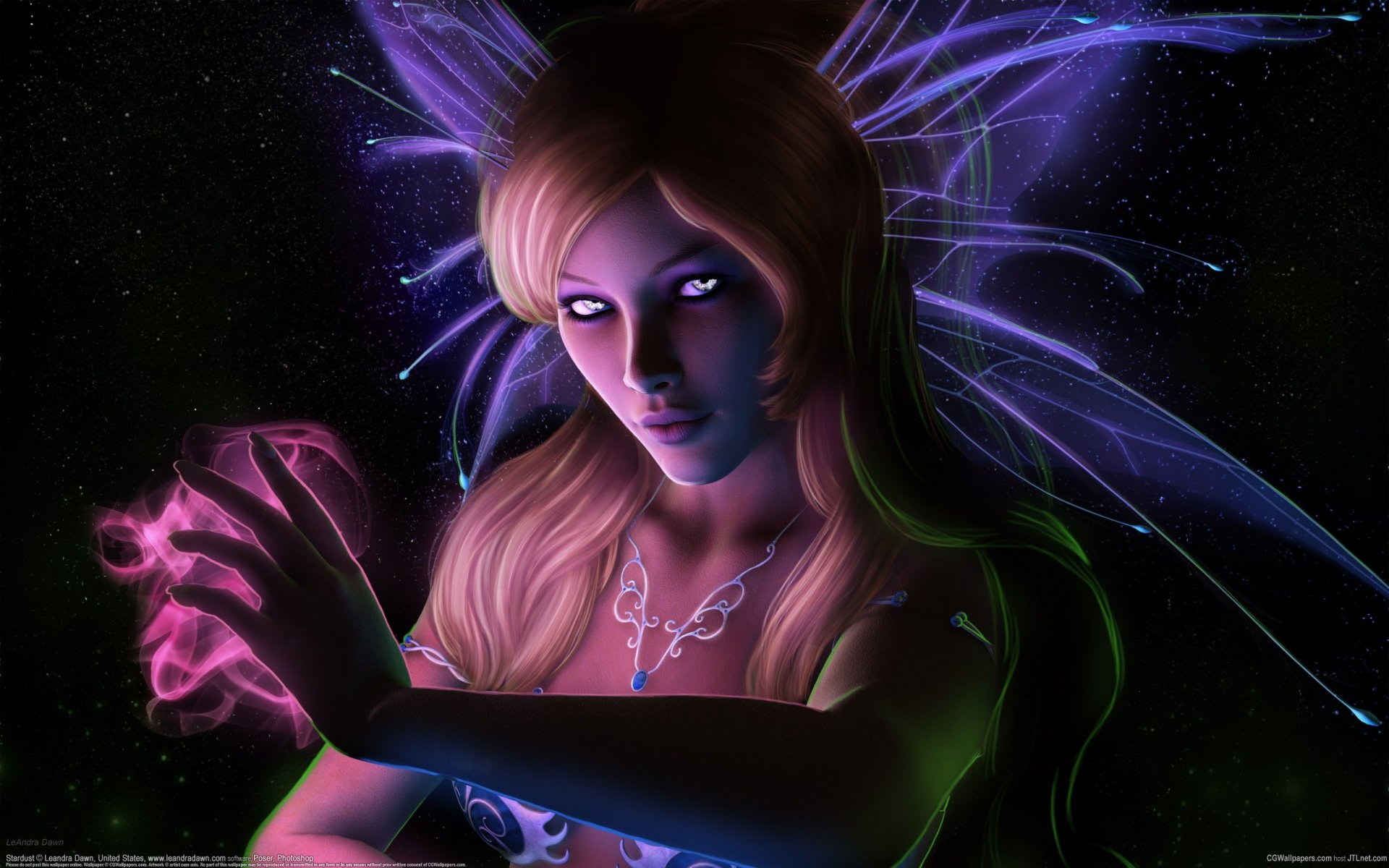 HD desktop wallpaper featuring a fantasy fairy with glowing, ethereal wings and a mystical aura, set against a starry night background. The fairy's hand exudes a soft, magical light.