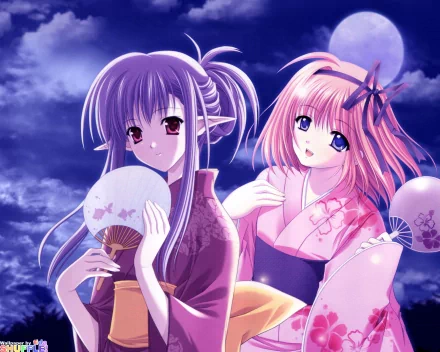 HD anime desktop wallpaper featuring Kaede Fuyou and Nerine from Shuffle!, both dressed in traditional attire under a moonlit sky.
