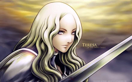 A stunning HD desktop wallpaper featuring Teresa from the anime Claymore, showcasing her striking blonde hair and fierce expression against a dramatic background.