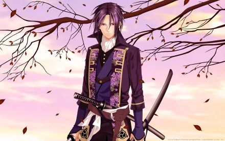 A character from Hakuouki: Shinsengumi Kitan stands poised with a sword, set against a backdrop of autumn leaves and a soft pink sky, creating a striking desktop wallpaper.