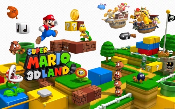 HD PC desktop wallpaper featuring vibrant characters and elements from the video game Super Mario 3D Land in a colorful, dynamic platform scene.