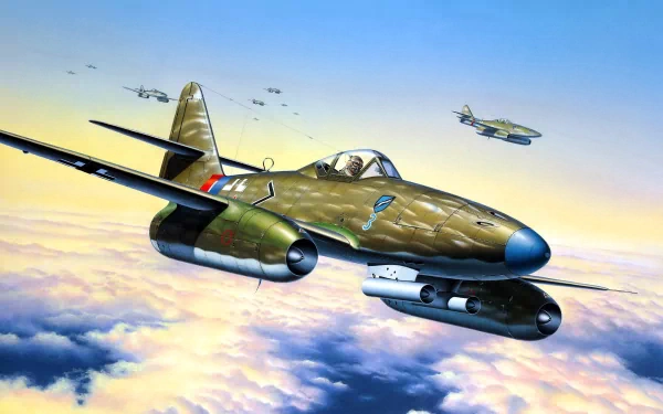 HD desktop wallpaper depicting a Messerschmitt Me 262 military aircraft flying above the clouds with multiple planes in the background during a clear sky.