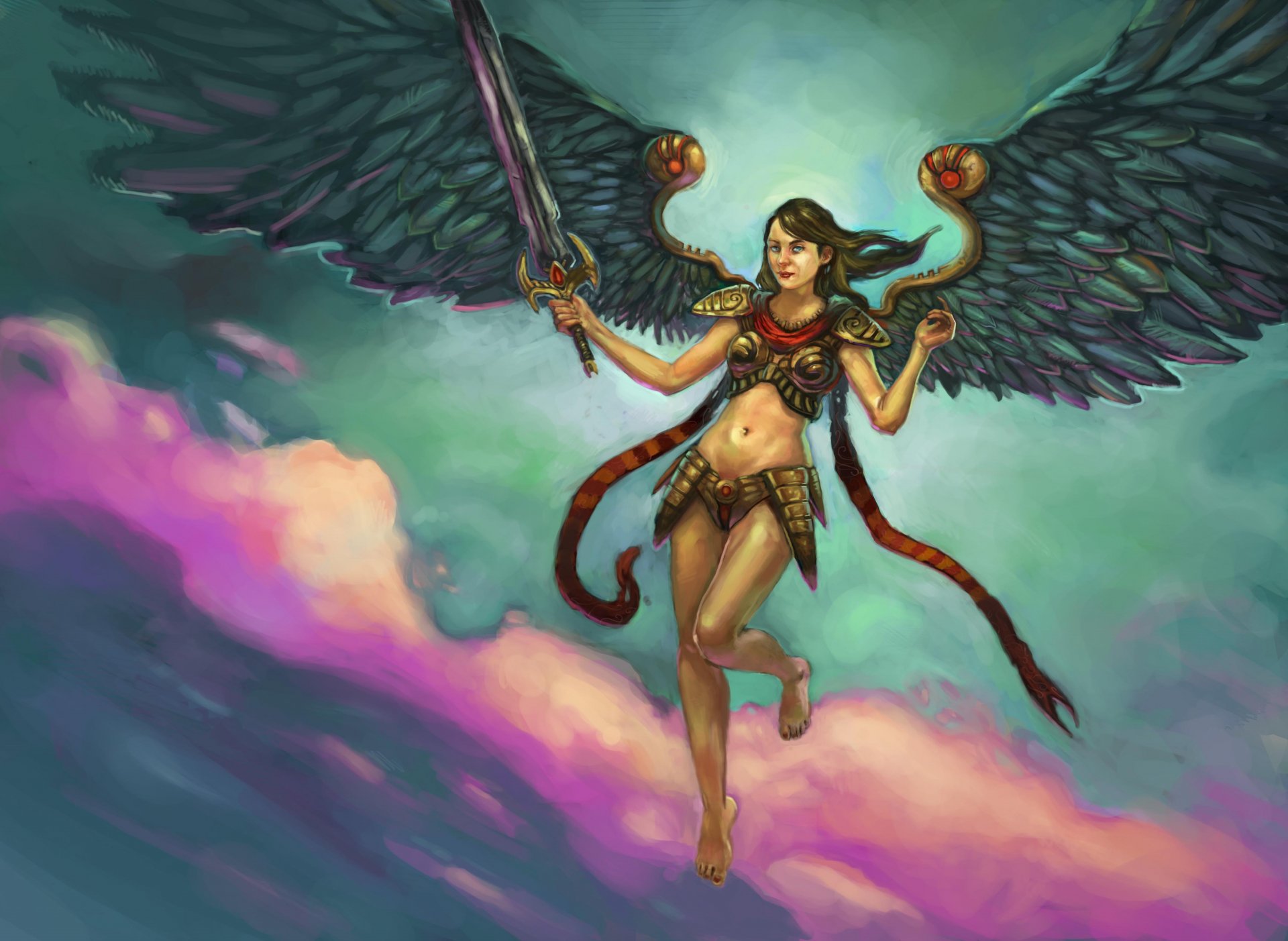 4K Ultra HD PC desktop wallpaper: fantasy angel warrior with dark outstretched wings, ornate armor and raised sword, descending through glowing pink and teal clouds.