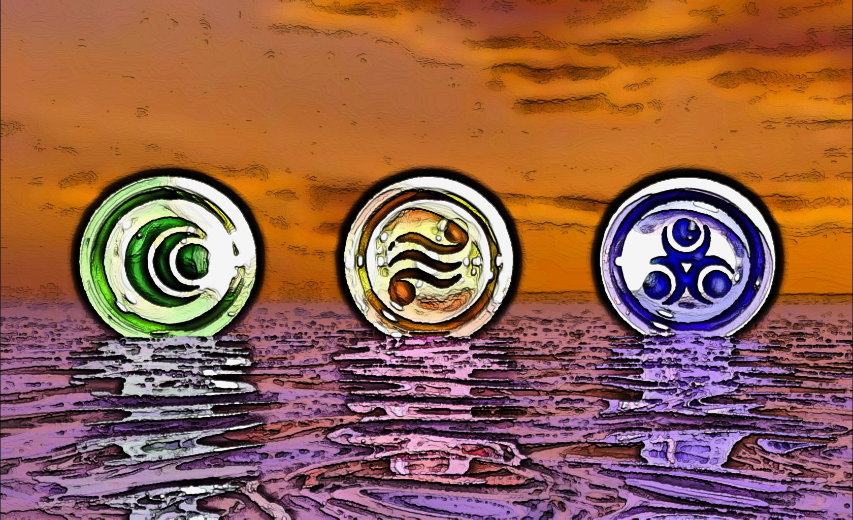 HD PC desktop wallpaper featuring three glowing elemental goddess symbols from The Legend of Zelda against a vivid sunset over water.