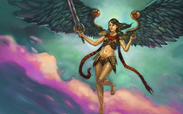 4K Ultra HD PC desktop wallpaper: fantasy angel warrior with dark outstretched wings, ornate armor and raised sword, descending through glowing pink and teal clouds.