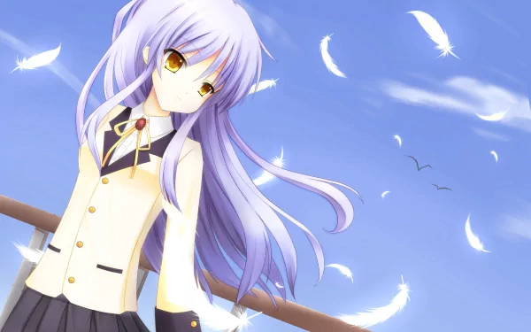 4K Ultra HD anime wallpaper featuring Kanade Tachibana from Angel Beats! with flowing lavender hair, golden eyes, and white feathers against a bright blue sky.