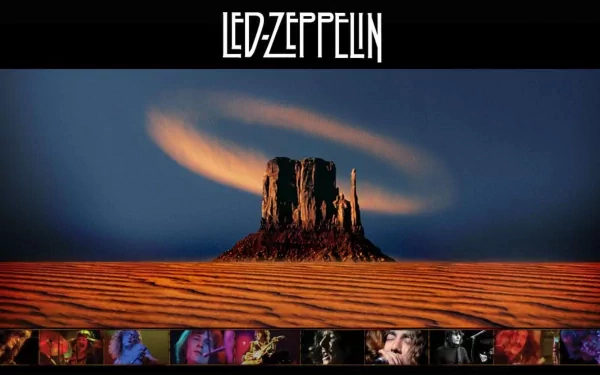 HD PC desktop wallpaper featuring a surreal desert landscape with a rock formation and a glowing halo, inspired by the iconic rock band Led Zeppelin.