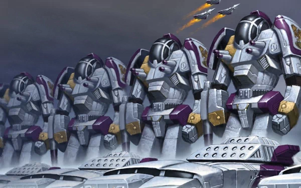HD PC desktop wallpaper depicting man-made BattleTech: The Board Game mechs in purple-white armor lined up on warships with fighters overhead.