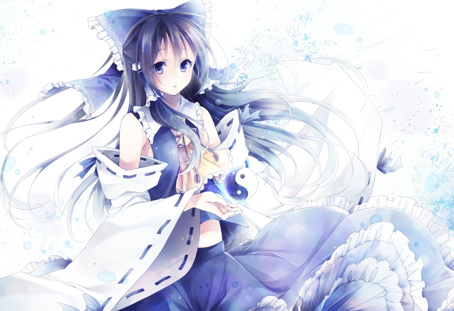 HD desktop wallpaper featuring Reimu Hakurei from Touhou, dressed in a blue dress with blue eyes. The image has an anime style with soft colors and intricate details.