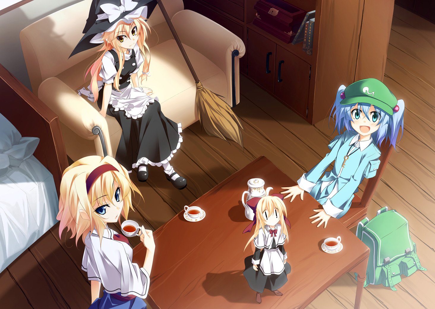 HD anime desktop wallpaper featuring Touhou characters Nitori Kawashiro, Marisa Kirisame, Shanghai, and Alice Margatroid dressed as shrine maidens in a cozy wooden room.