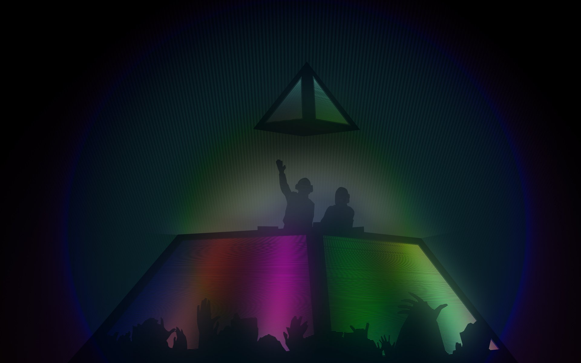 HD desktop wallpaper featuring Daft Punk performing on an illuminated stage with vibrant colors in the background, surrounded by a cheering crowd.