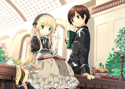 Anime-inspired HD desktop wallpaper featuring characters from Gosick, showcasing a girl with long hair and a boy in a stylish interior surrounded by greenery and books.