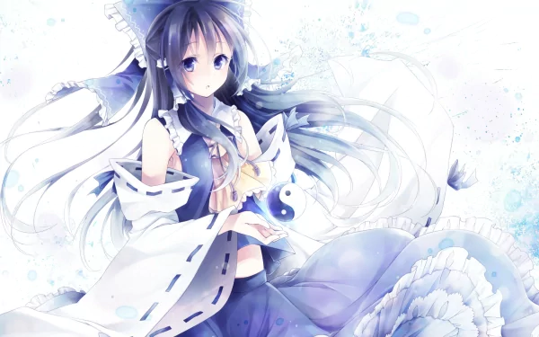 HD desktop wallpaper featuring Reimu Hakurei from Touhou, dressed in a blue dress with blue eyes. The image has an anime style with soft colors and intricate details.