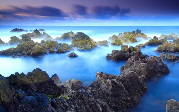 A serene seascape captures gentle waves lapping against rugged rocks, with a tranquil blue hue and soft clouds above, creating a stunning nature-inspired HD desktop wallpaper.