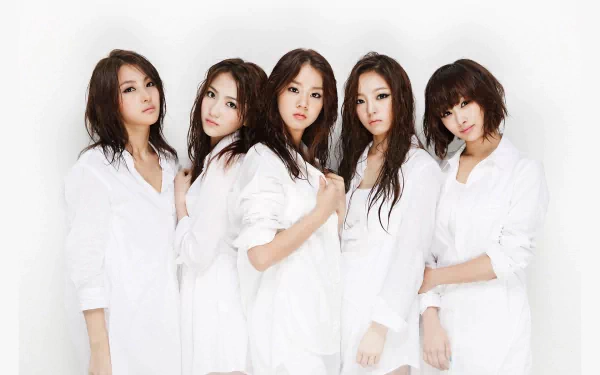 HD PC desktop wallpaper featuring the Asian K-Pop group KARA dressed in white against a plain white background, highlighting their music and oriental charm.