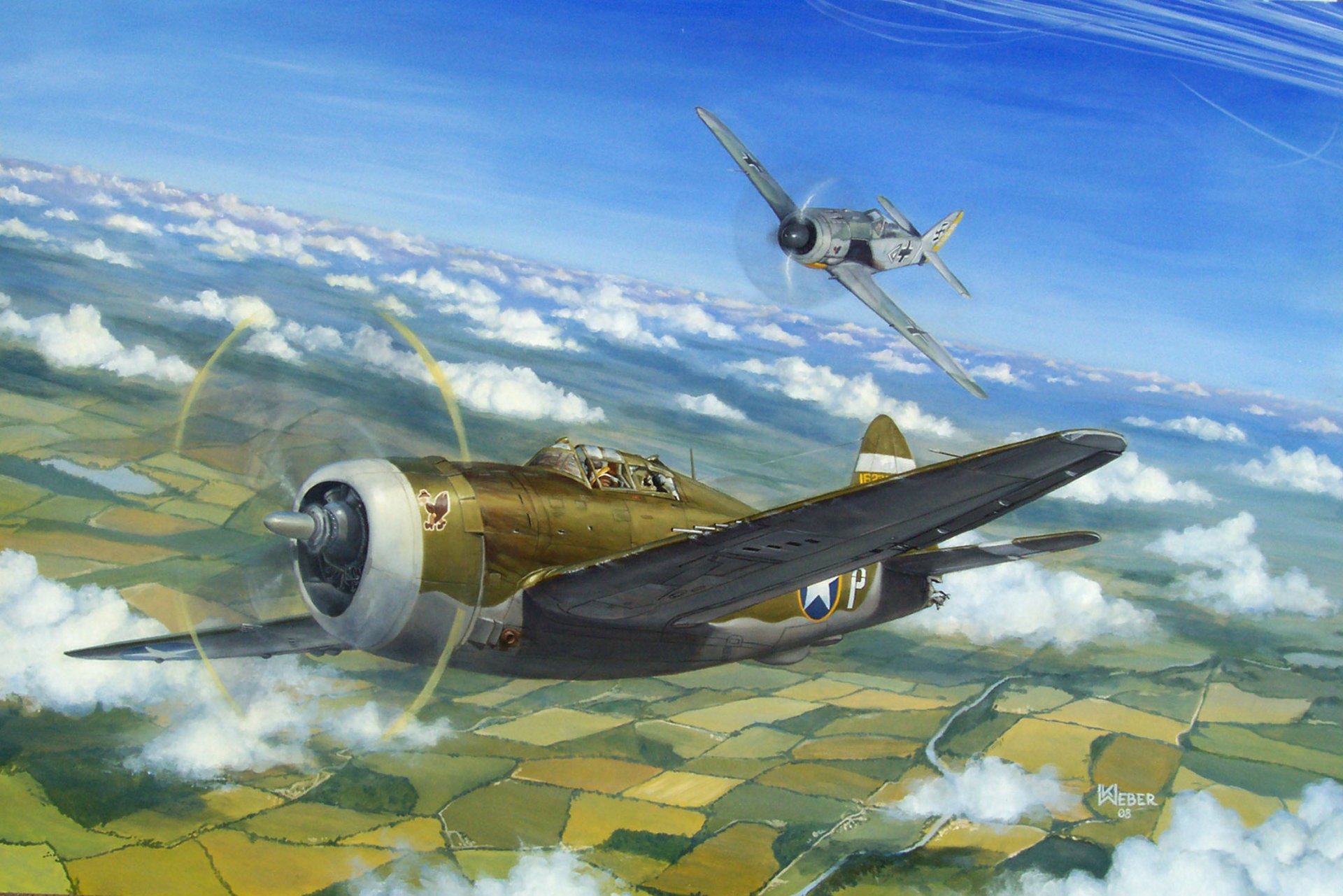HD PC desktop wallpaper depicting two military aircraft flying above patchwork farmland under a vibrant blue sky with scattered clouds.