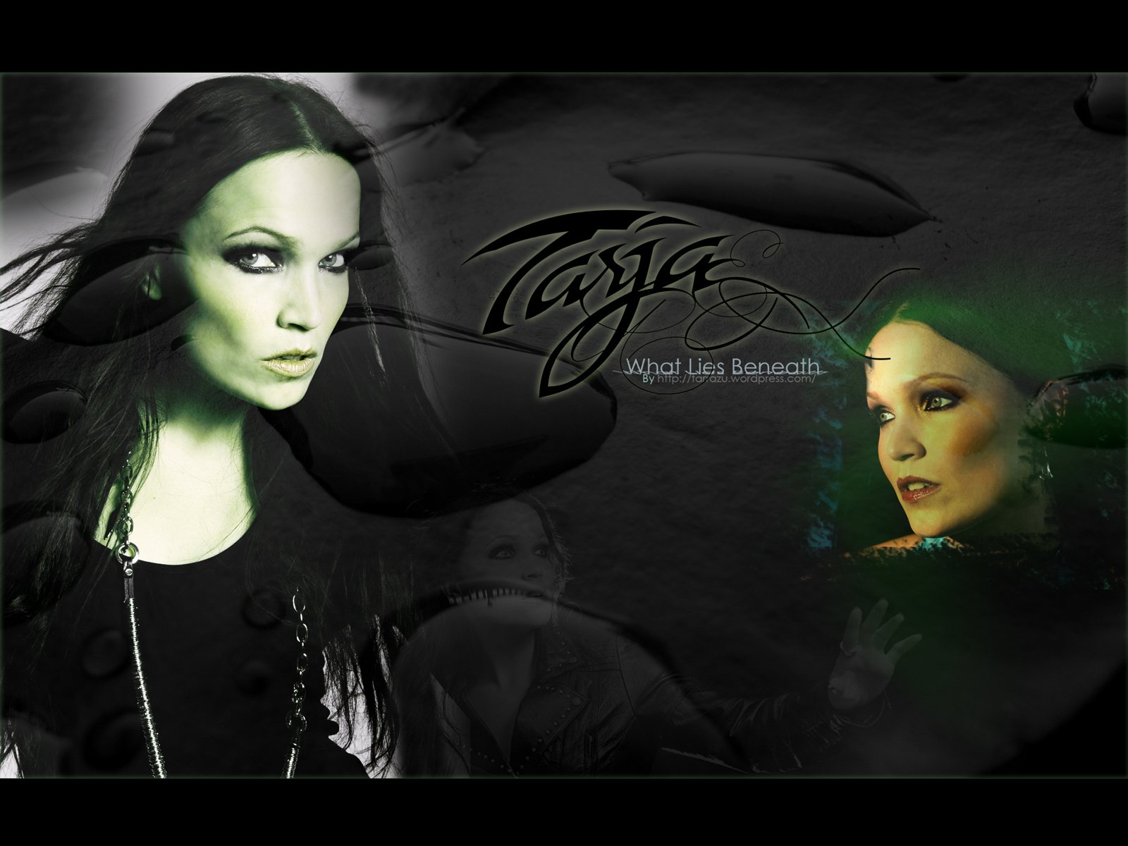 HD PC desktop wallpaper featuring the musician Tarja with a dark, moody background and her name prominently displayed alongside the text What Lies Beneath.