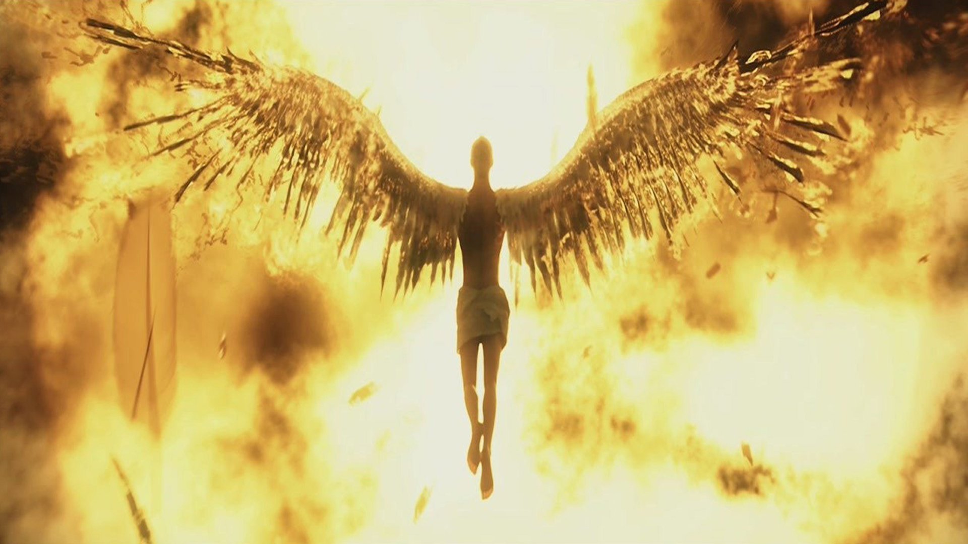 HD PC desktop wallpaper from the video game Deus Ex: Human Revolution: silhouetted figure with mechanical wings descending against a blazing golden sky.