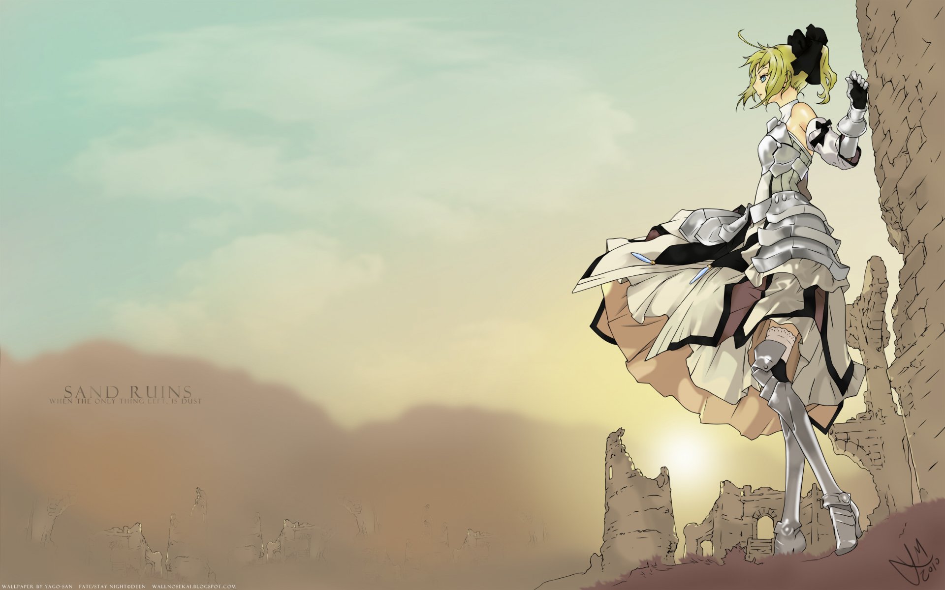 HD PC desktop wallpaper featuring Saber Lily from the anime Fate/Stay Night in an elegant white dress against a soft, serene sky and ruined landscape background.