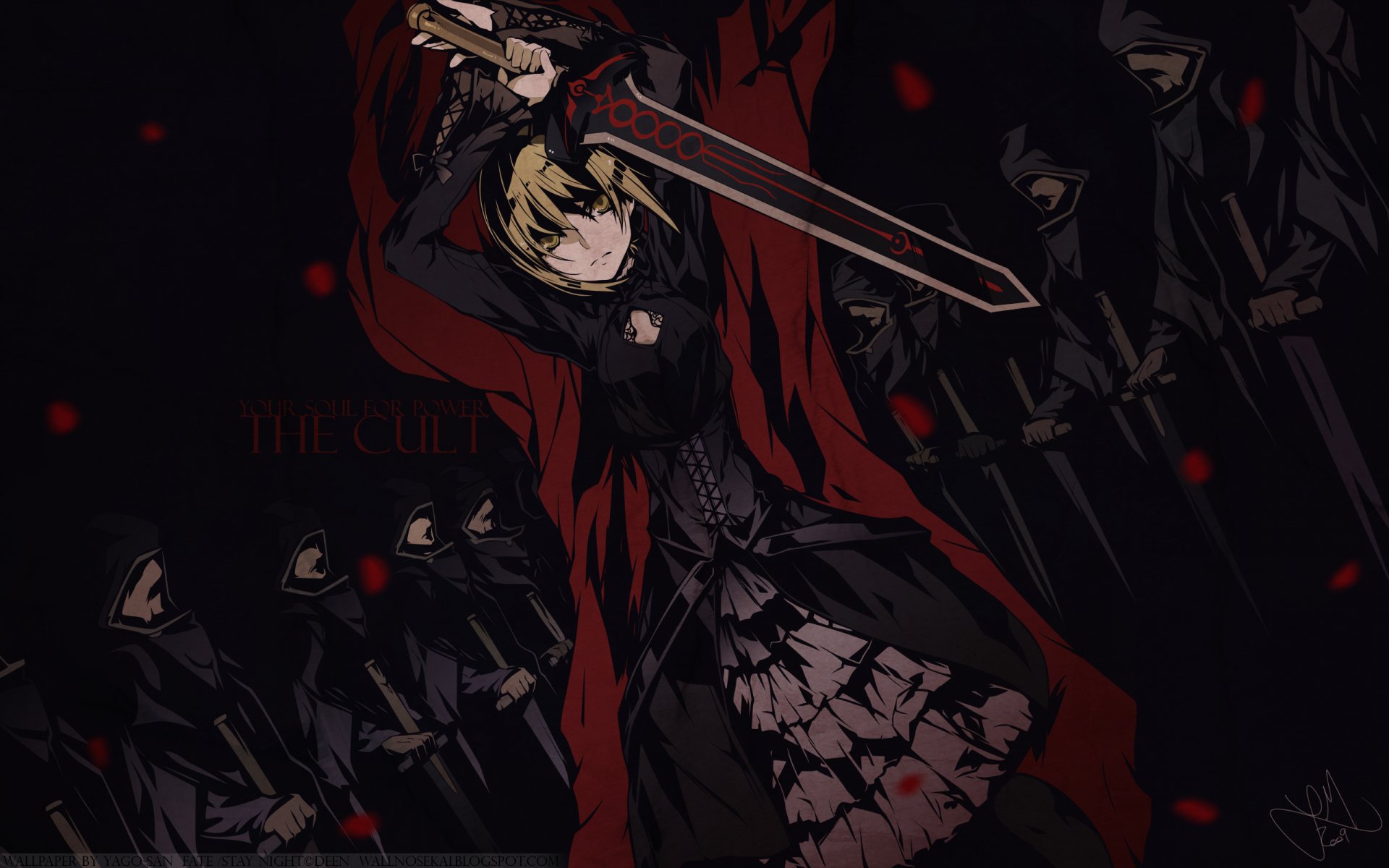 An HD desktop wallpaper featuring Saber Alter from Fate/Stay Night, wielding a sword amidst a dark, shadowy backdrop with ominous figures and red accents.