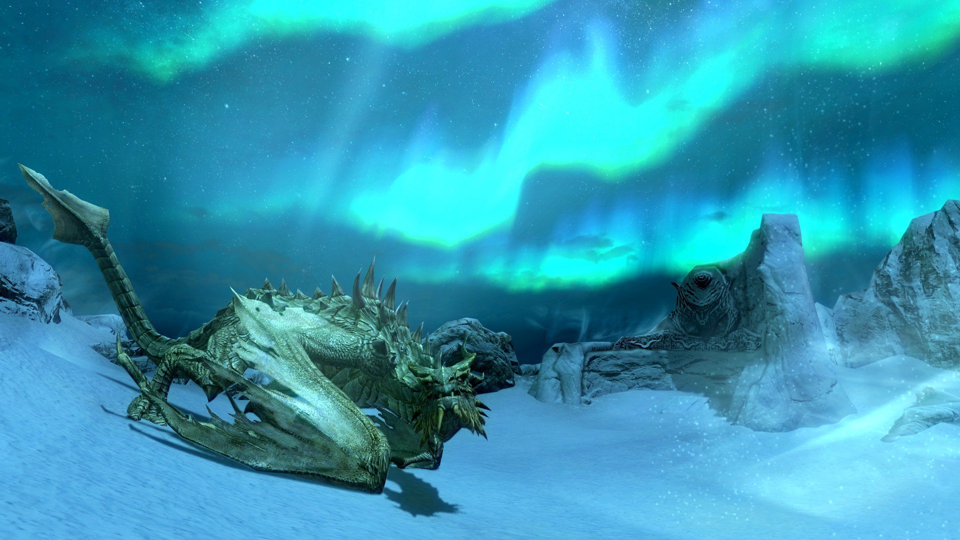 Dragon rests on a snowy tundra beneath vibrant northern lights — HD PC desktop wallpaper/background depicting a dragon from The Elder Scrolls V: Skyrim video game.