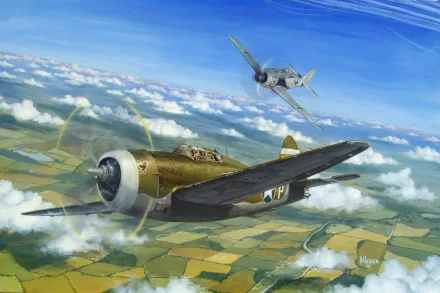 HD PC desktop wallpaper depicting two military aircraft flying above patchwork farmland under a vibrant blue sky with scattered clouds.
