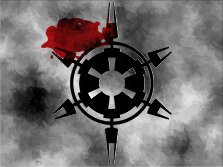 CGI sci‑fi Star Wars HD PC desktop wallpaper: black Imperial-style cog emblem centered on a smoky gray clouded background with a splash of red paint at the top.