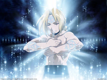 HD desktop wallpaper featuring Edward Elric from Fullmetal Alchemist. Edward, a blonde character, is centered with glowing alchemical symbols and a mystical, radiant background.