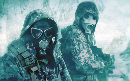 HD wallpaper featuring two figures in dark, hooded clothing and gas masks. The image has a rugged, high-contrast background, enhancing its eerie and intense atmosphere.