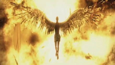 HD PC desktop wallpaper from the video game Deus Ex: Human Revolution: silhouetted figure with mechanical wings descending against a blazing golden sky.