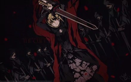 An HD desktop wallpaper featuring Saber Alter from Fate/Stay Night, wielding a sword amidst a dark, shadowy backdrop with ominous figures and red accents.