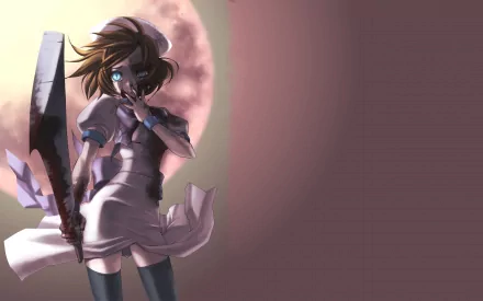 A striking HD wallpaper featuring Rena Ryūgū from Higurashi When They Cry, showcasing her blood-stained weapon and blue eyes, set against a haunting moonlit background.