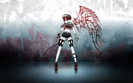 HD anime desktop wallpaper featuring a redhead woman with stylized wings, holding a gun, standing against a textured, graffiti-like background.