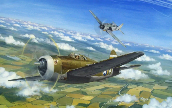 HD PC desktop wallpaper depicting two military aircraft flying above patchwork farmland under a vibrant blue sky with scattered clouds.