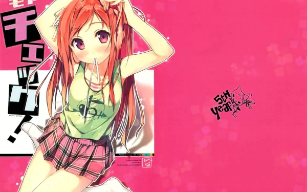 A vibrant 4K Ultra HD wallpaper featuring an anime girl with orange hair, wearing a green tank top and plaid skirt, set against a bright pink background. From 5 Nenme no Houkago.