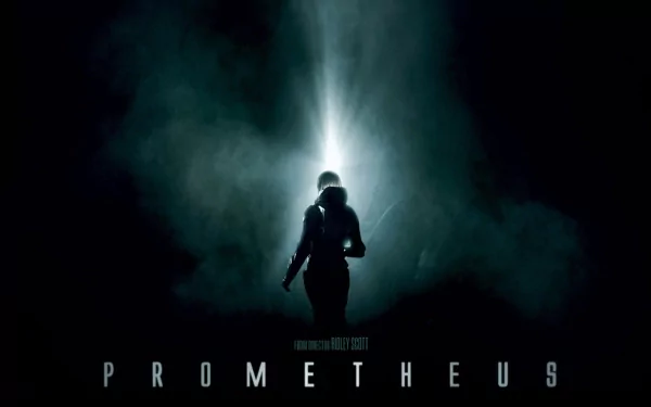 HD PC desktop wallpaper featuring a silhouetted figure standing in a beam of light, inspired by the movie Prometheus with a dark, atmospheric background.