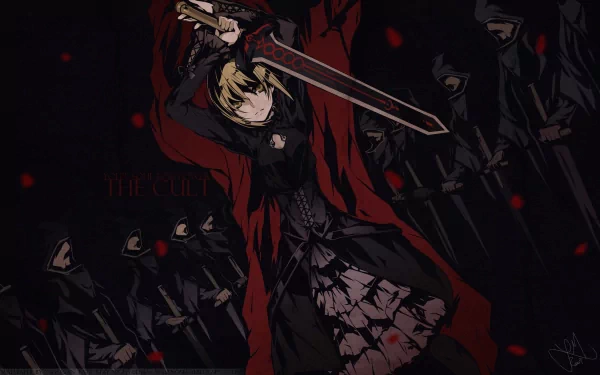 An HD desktop wallpaper featuring Saber Alter from Fate/Stay Night, wielding a sword amidst a dark, shadowy backdrop with ominous figures and red accents.