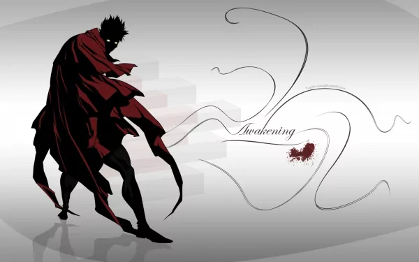 Anime-inspired Ergo Proxy HD desktop wallpaper featuring a dark, shadowy figure in a flowing red coat against a minimalist gray background with artistic swirling lines.