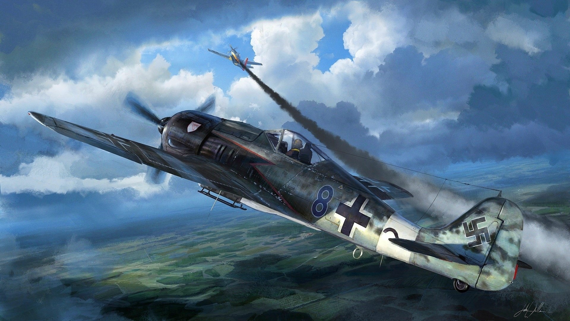 A high-definition desktop wallpaper featuring a military aircraft soaring through the clouds, showcasing a dynamic aerial scene with another plane in the background.
