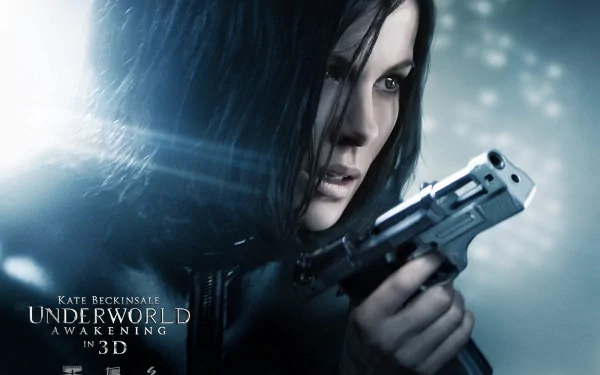 HD PC desktop wallpaper featuring a close-up of Kate Beckinsale holding a gun from the movie Underworld: Awakening.