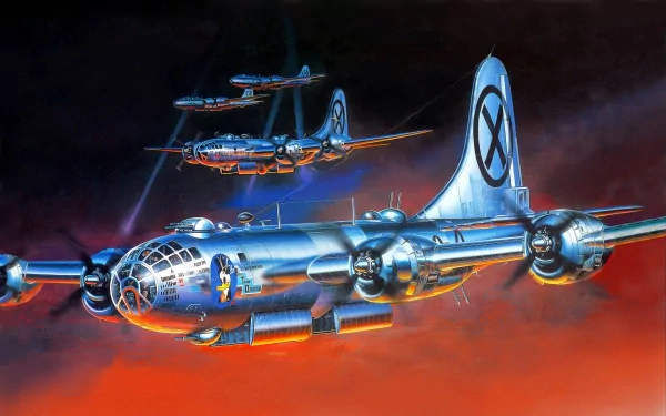HD desktop wallpaper featuring a dramatic military scene with Boeing B-29 Superfortress bombers flying against a fiery sky backdrop.