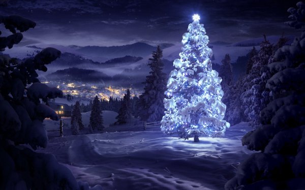 Feestdag Kerstmis Winter Landschap Dorp Snow Christmas Tree Paars HD Wallpaper | Achtergrond