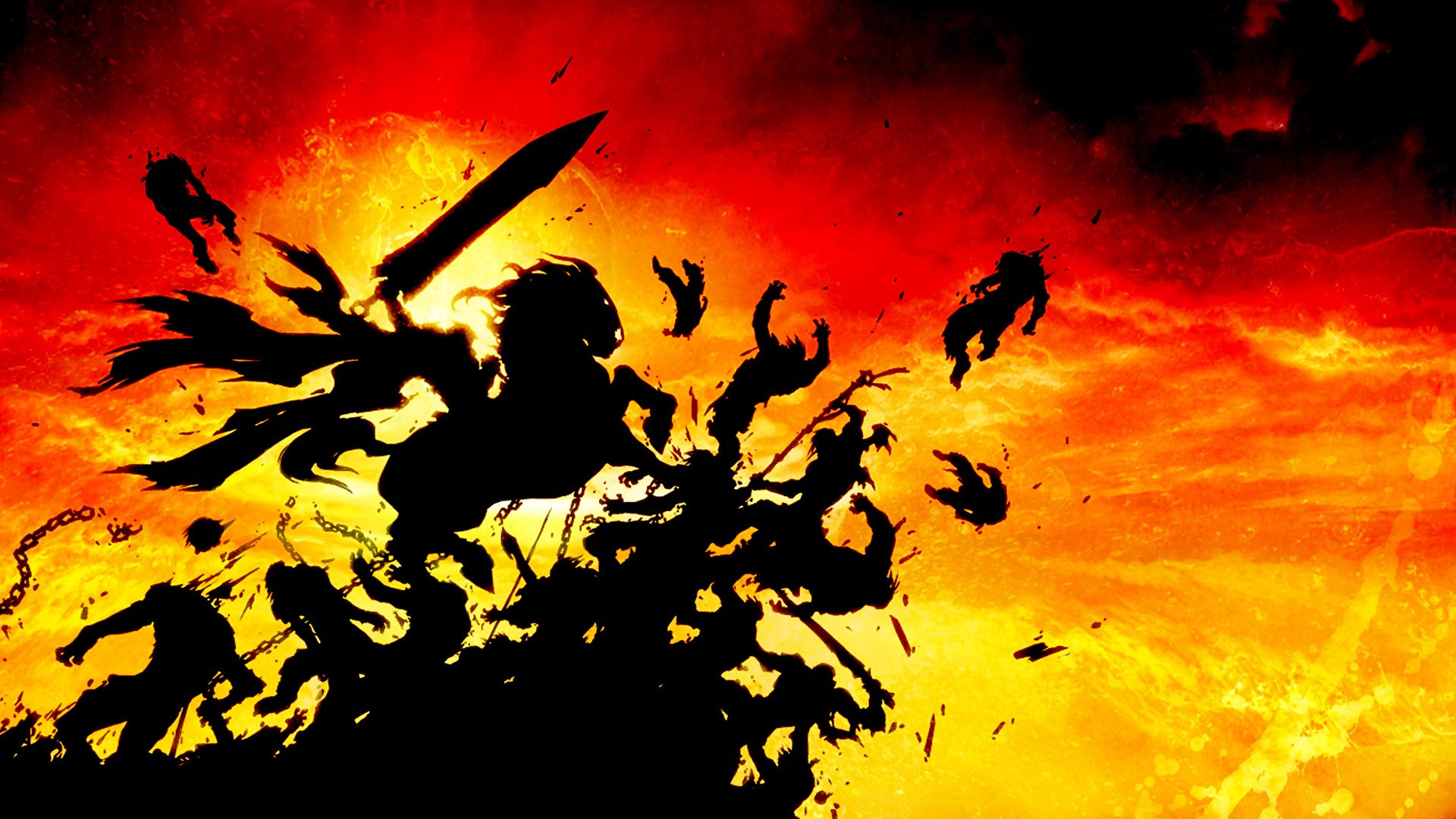 Video game Darksiders HD PC desktop wallpaper: silhouetted rider brandishing a sword as ravens swirl against a fiery red-orange sky.