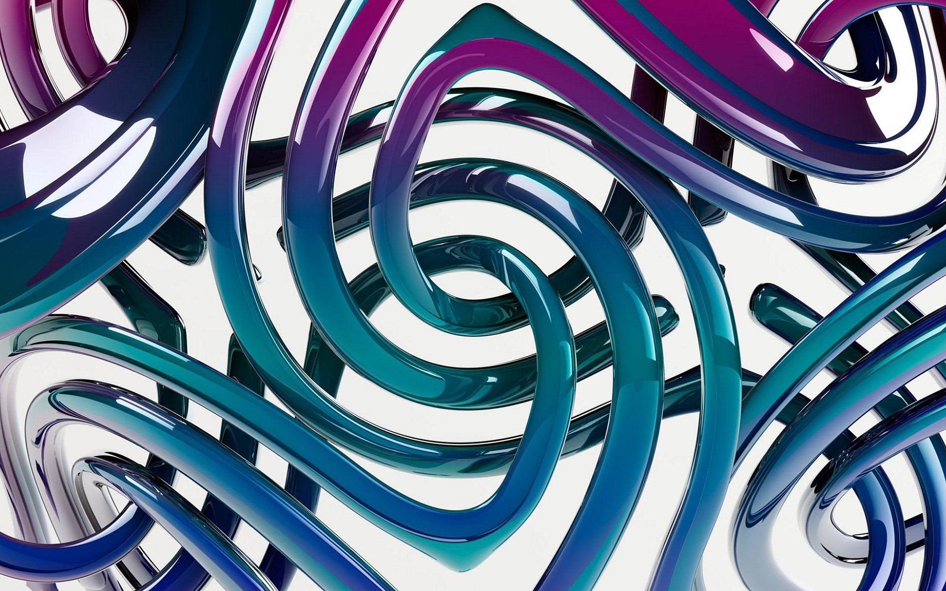 HD PC desktop wallpaper featuring a vibrant CGI 3D abstract design with intertwined, glossy tubes in shades of teal, blue, and purple.